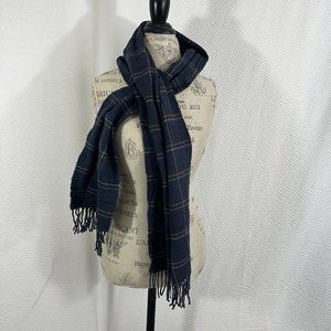 London Fog Cashmink Fashion Scarf Blue Gold Plaid Pattern Made in Germany